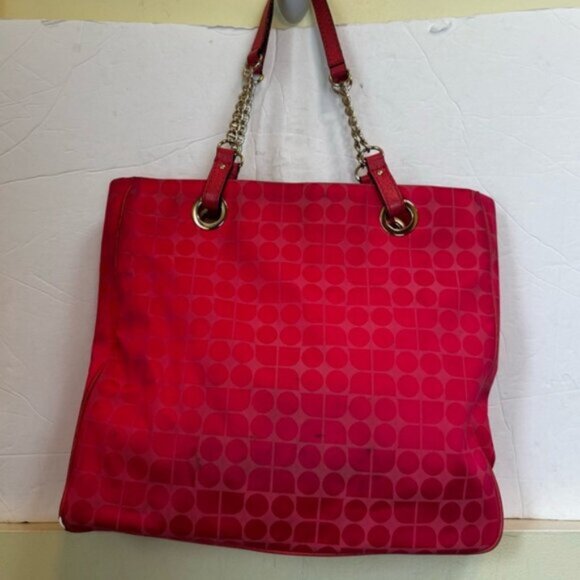 Kate Spade Pink Jacquard Pink Canvas Chain Strap Tote Shoulder Bag Leather Print - Picture 6 of 16